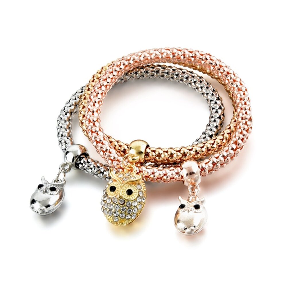Tri-Tone Owl Charm Bracelet Set – Wise Sparkle Trio - Picture 3 of 15